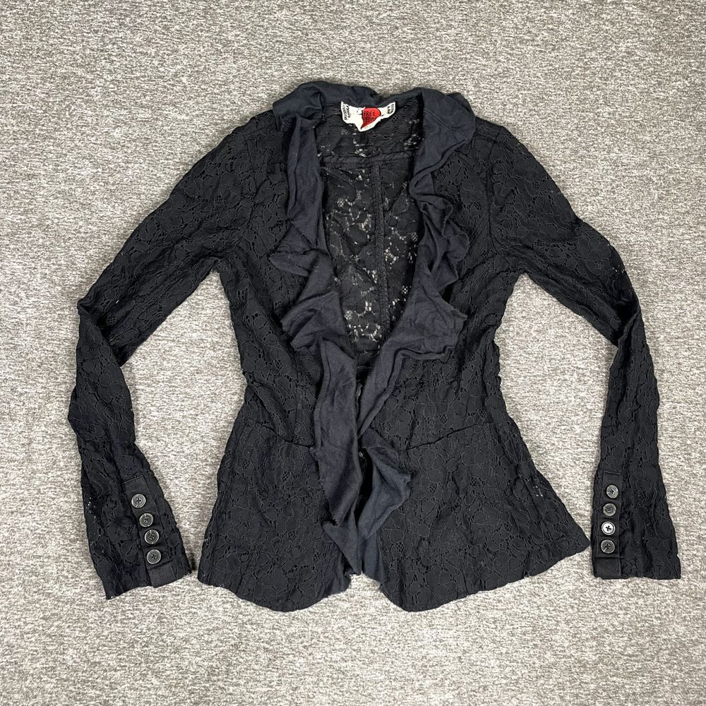 Free People Cardigan Sweater Womens Size 2 Black Lace Sheer Ruched EUC